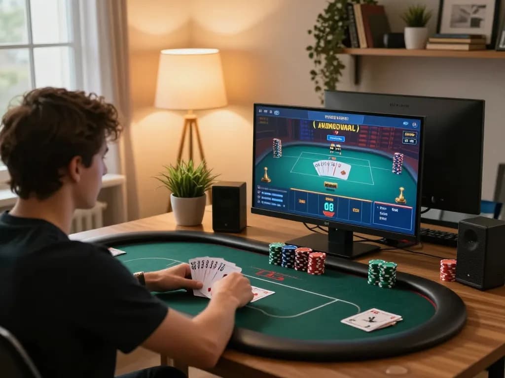 Player focusing on rr99 online poker game with stacks of chips and personalized gaming setup.