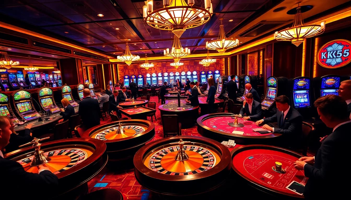 Play exciting games at KK55 with vibrant casino tables showcasing luxury and thrill.