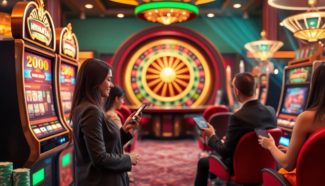 Experience thrilling online gaming at AMANAHTOTO with colorful slot machines and poker chips.