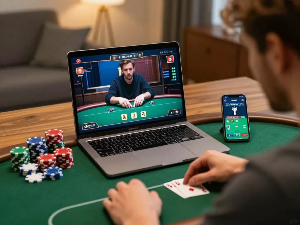 Player engaging in an online poker game on dinamit4d, surrounded by poker chips and a betting app.