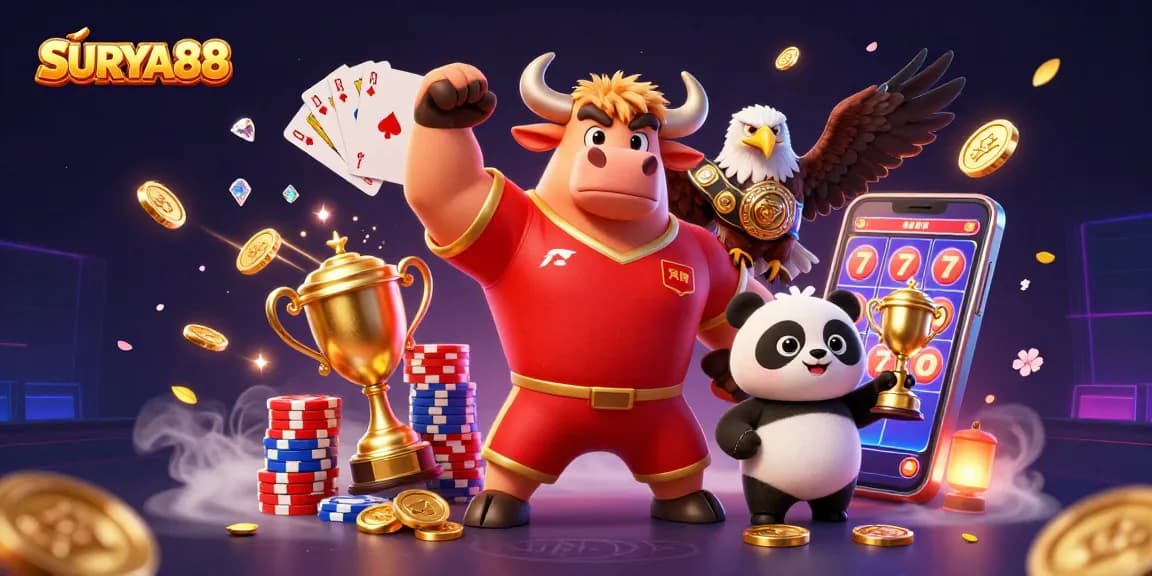 SURYA88 brings excitement with a 3D casino scene showcasing a bull mascot, eagle, and panda amid thrilling game elements.