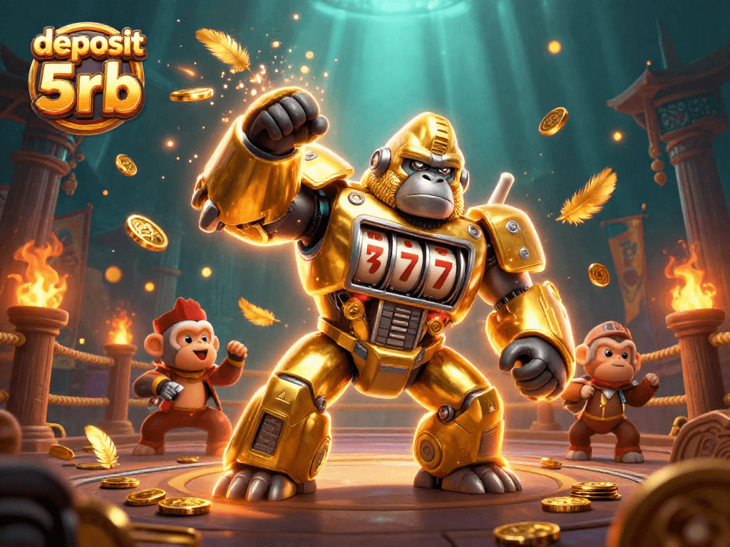 Engage in thrilling spins and jackpots at deposit 5rb, featuring a dynamic gorilla mech and vibrant casino elements.