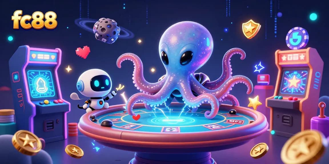 Những cược thú vị trên fc88 với bạch tuộc ngoài hành tinh và chip poker bay vòng quanh.