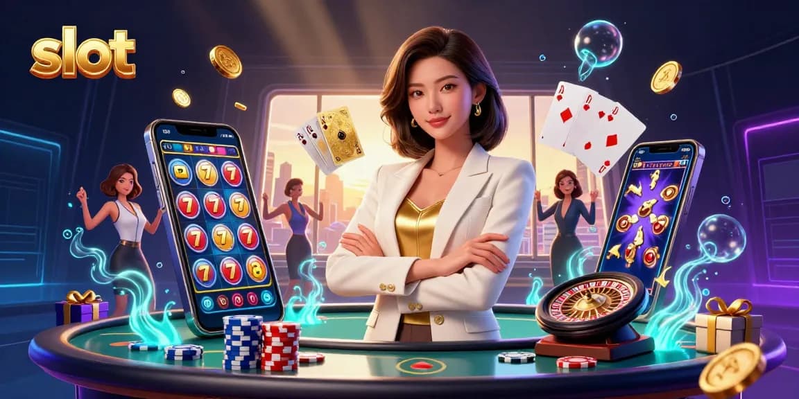 Experience thrilling slot gameplay with a glamorous dealer showcasing winning cards and vibrant game elements.