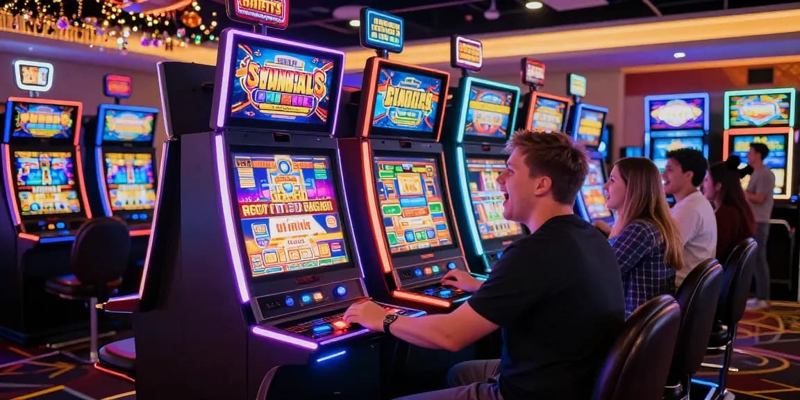 Exciting slot machines in a bustling casino setting with players engaging joyfully.