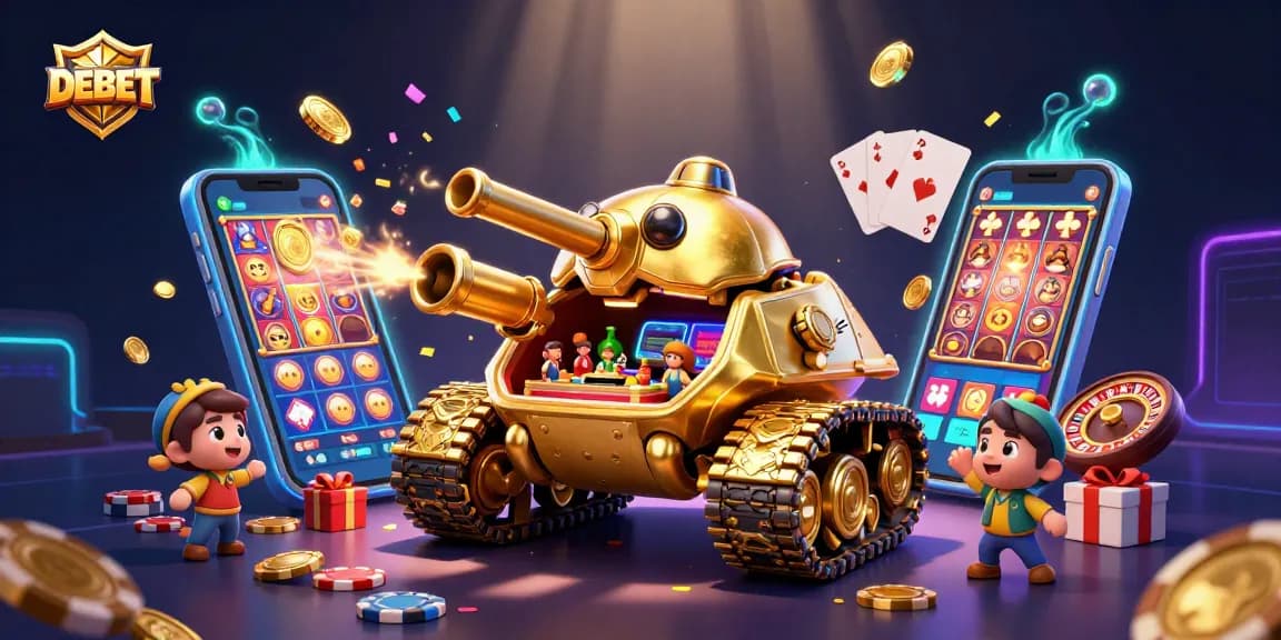 Engage in DEBET's vibrant casino experience with a golden beetle tank and slot games.