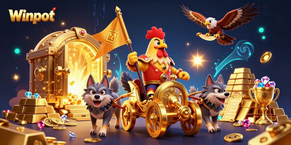 Winpot brings excitement with a dynamic casino scene featuring a rooster warlord, treasure, and vibrant energy.