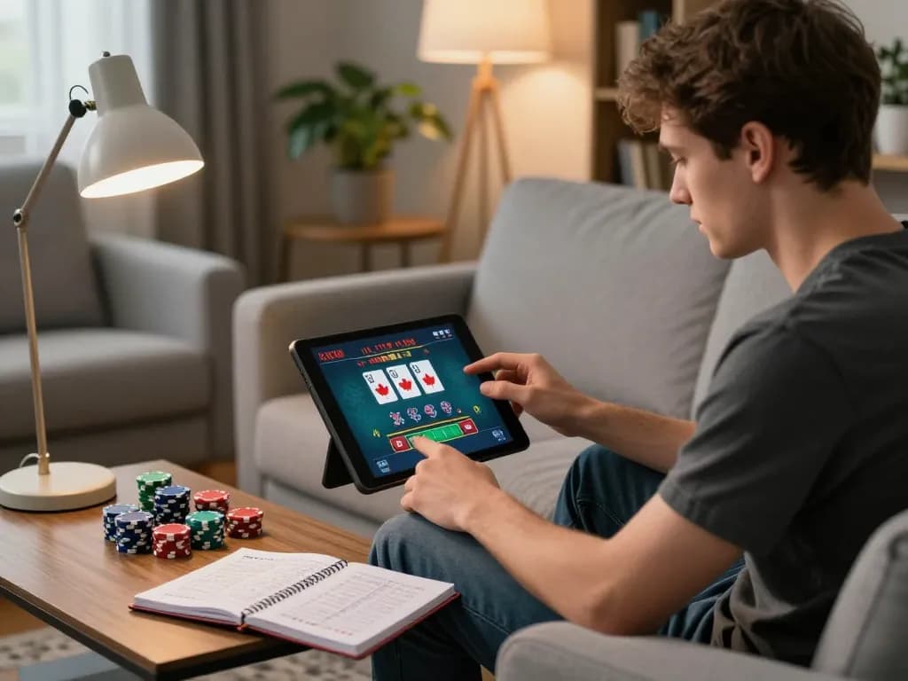 Engaging in Canada online casinos gameplay, a player enjoys live dealer blackjack on a tablet while tracking strategies.