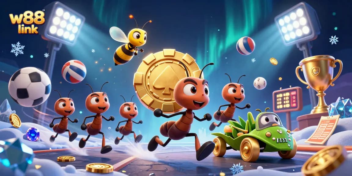 Experience thrilling gaming action with w88 link while ants haul a massive poker chip in a vibrant scene.