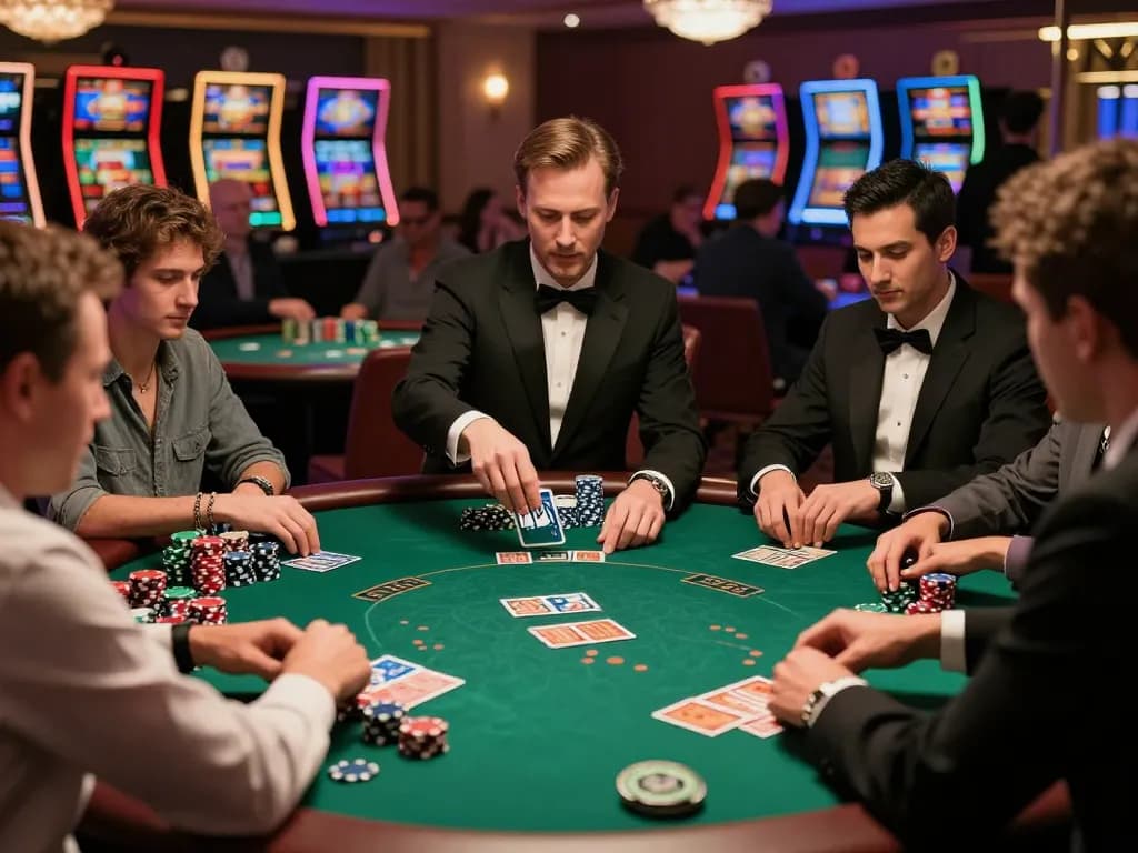 Players at a poker table analyzing Ty le keo nha cai during an exciting game night.