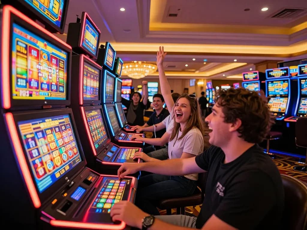 W4U player celebrating a spin at a vibrant slot machine, showcasing excitement and engagement in a lively casino