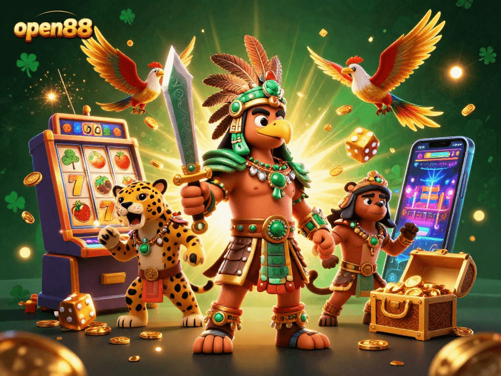 Experience open888 with vibrant Aztec-inspired slot gaming action in a dynamic 3D scene.