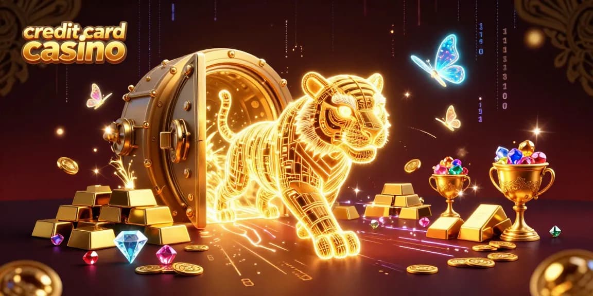 Experience the excitement of credit card casinos with a neon golden tiger in a digital landscape.