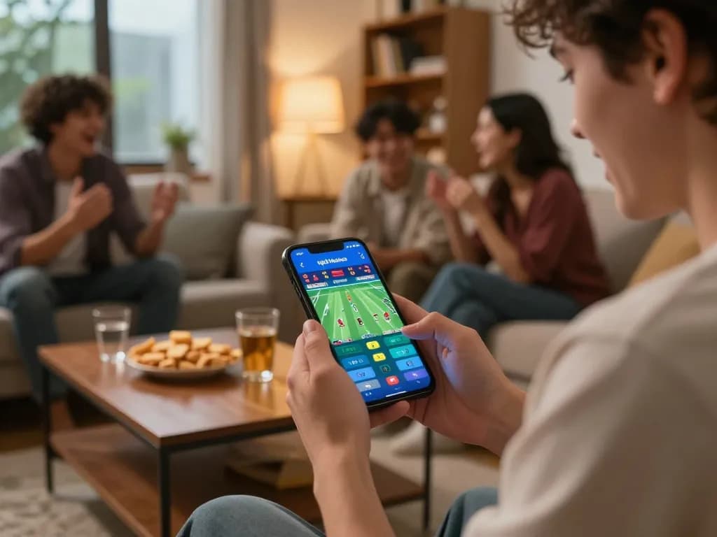 Person engaging in online sports betting with tỷ lệ nhà cái displayed on smartphone while enjoying a lively atmosphere.