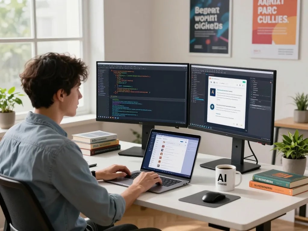 Dynamic tech workspace highlighting juicy ai chatbot development with coding screens and modern ambiance.