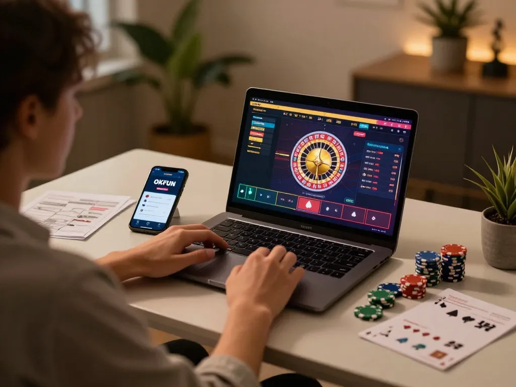 Engaging with the OKFUN online casino on a laptop in a cozy gaming setup