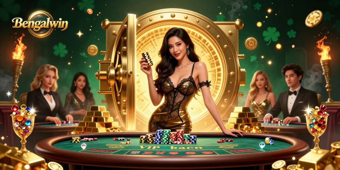 Bengalwin offers a glamorous online baccarat scene featuring a stunning player and golden chips.