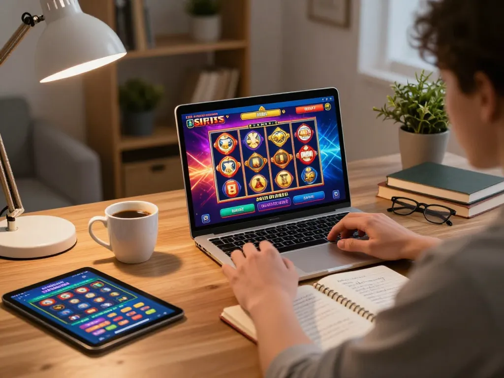 Engaging online gaming scene featuring situs slot action on a laptop with coffee and strategy notes