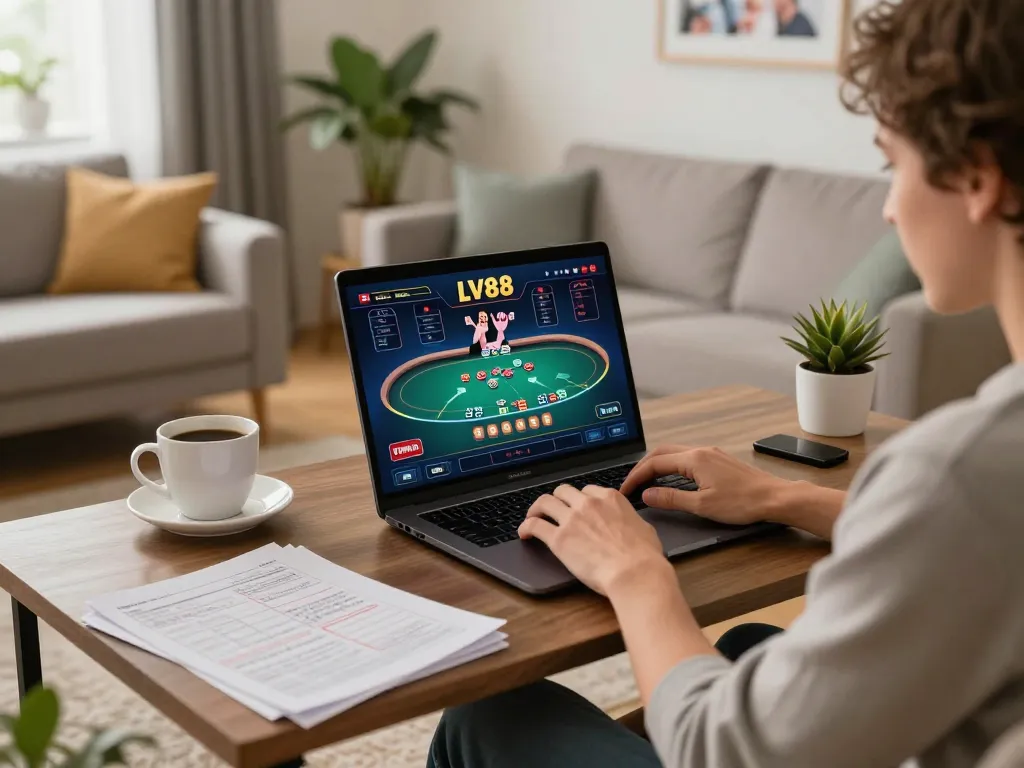 Player engaging with LV88 casino game online, laptop screen displaying active poker game strategy and notes