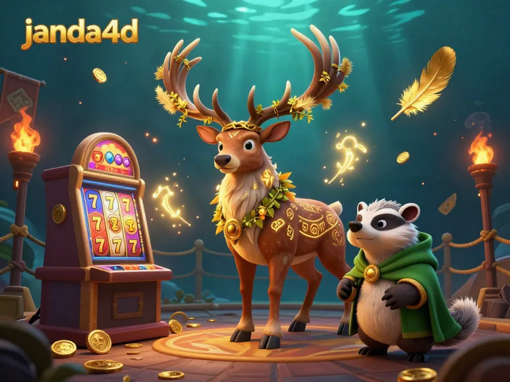 Permainan slot janda4d yang menampilkan karakter druid megah dan badak bijak dalam suasana kasino yang berkilau.