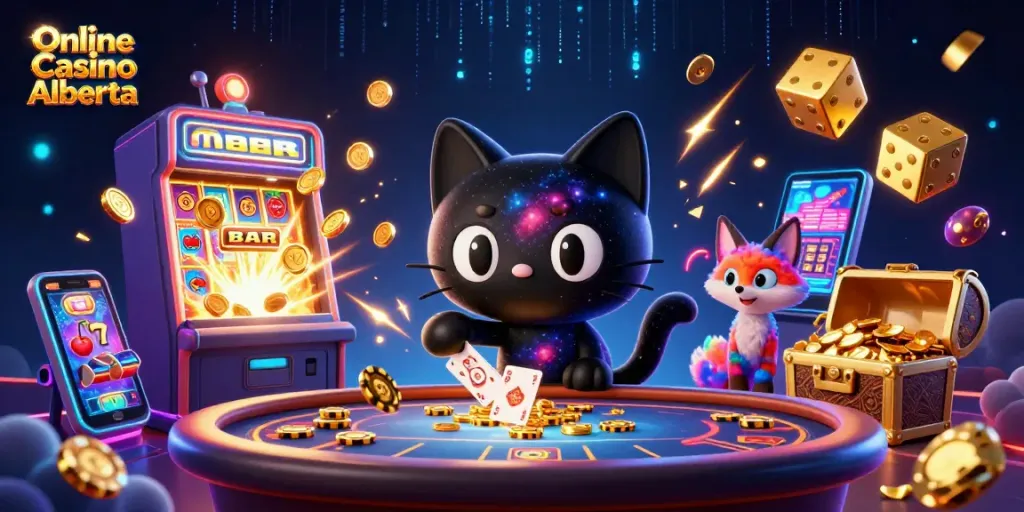 Spin to win at Online Casino Alberta with a captivating cosmic scene featuring dynamic gaming elements.