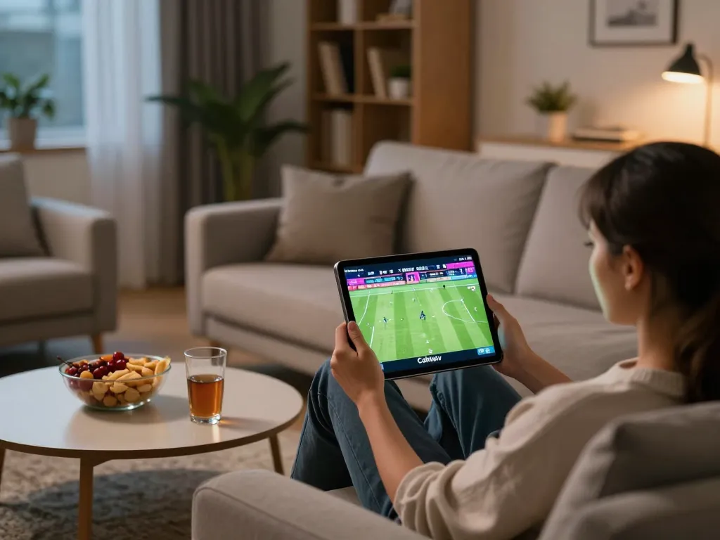 Cakhiatv streaming a live football match in a cozy home setting with a tablet.