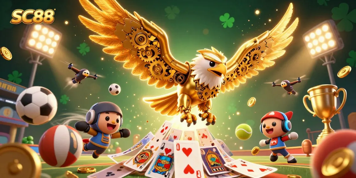 Engage with SC88's thrilling energy as a cybernetic eagle dives among sports elements for a winning experience.