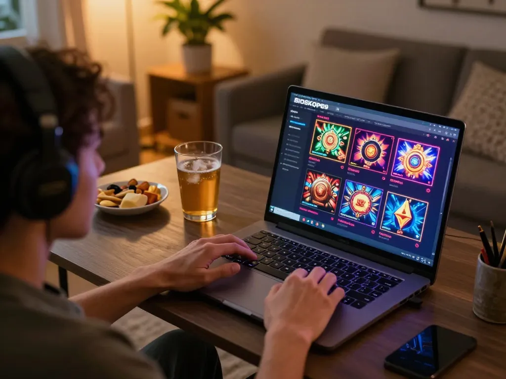 Gameplay menarik di platform online BIOSKOP69 dengan permainan slot berwarna-warni yang ditampilkan di laptop.