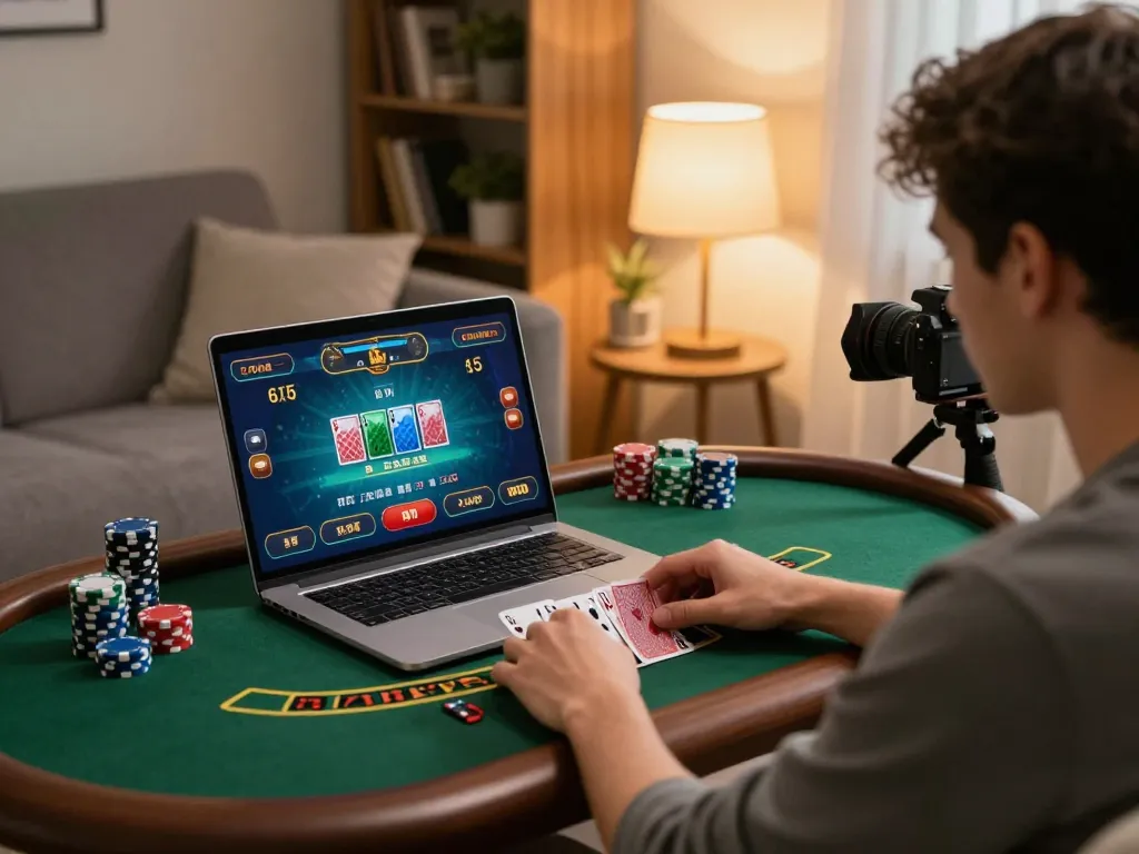 Player engaged in online blackjack on TT88 platform, showcasing a laptop and vibrant home setup.