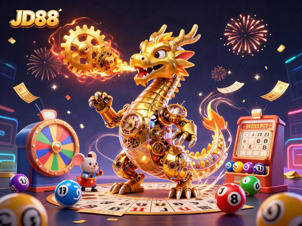 Experience the excitement of JD88 with a dynamic scene featuring a golden dragon and vibrant lottery elements.