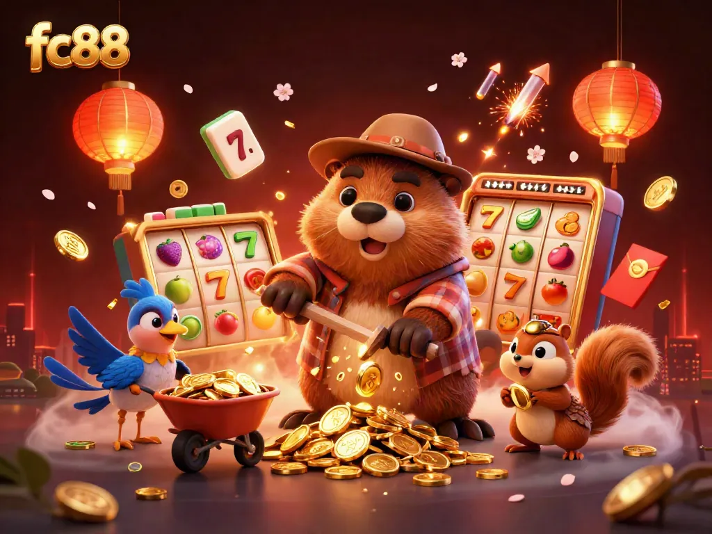 Join the action with fc88 as a playful beaver, bird, and squirrel enjoy spinning slots and treasure!