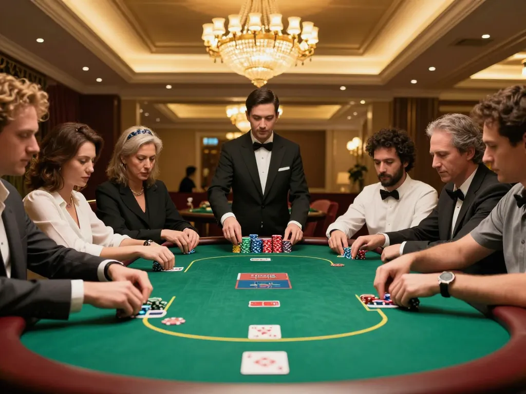 Exciting Tempo123 Slot gameplay with players at an upscale poker table in a luxurious casino setting