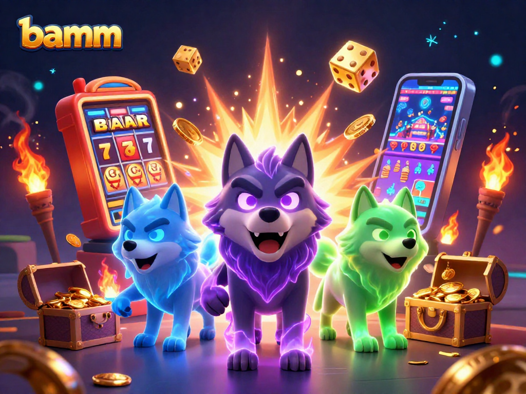 Catch the action with bamm's thrilling 3D illustration of casino excitement with slot machines and glowing wolf characters.
