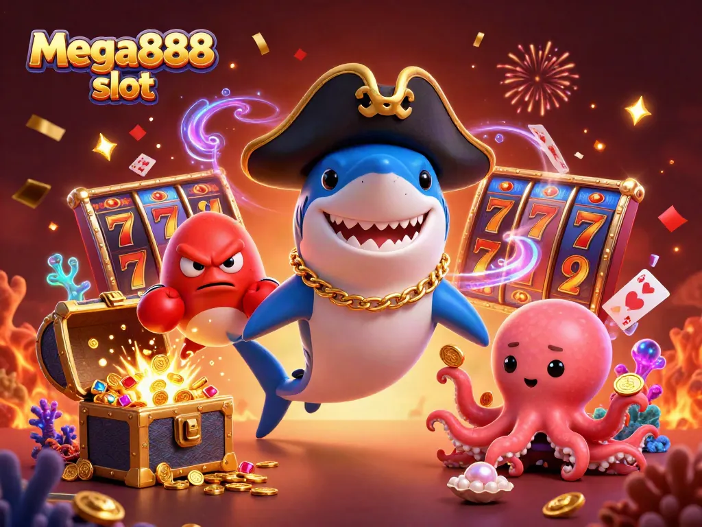 Experience the thrill of mega888 slot with dynamic characters and casino elements in this vibrant illustration.