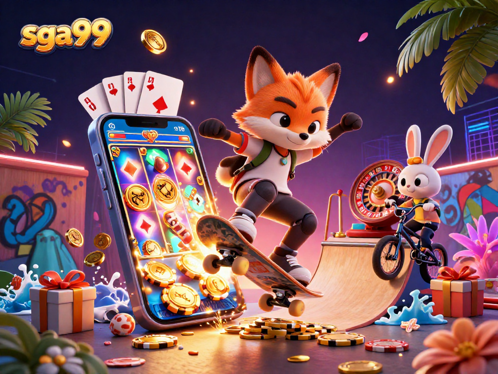 Experience thrilling wins at sga99 with a dynamic 3D illustration showcasing casino excitement.