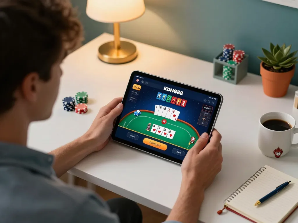 KONG88 player enjoying a strategic online poker session on a tablet in a cozy home office setting.