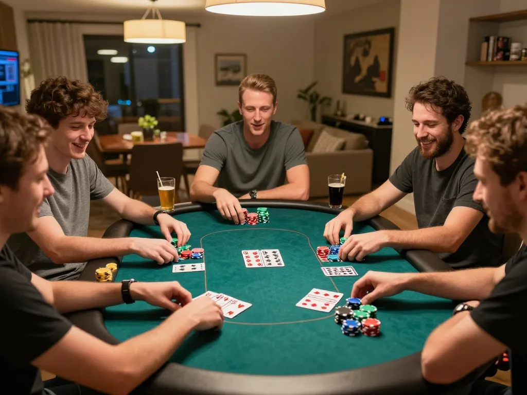 Sahabat yang menikmati malam poker yang meriah di rumah, menampilkan sesi permainan bandar togel yang menarik dengan chip dan kartu