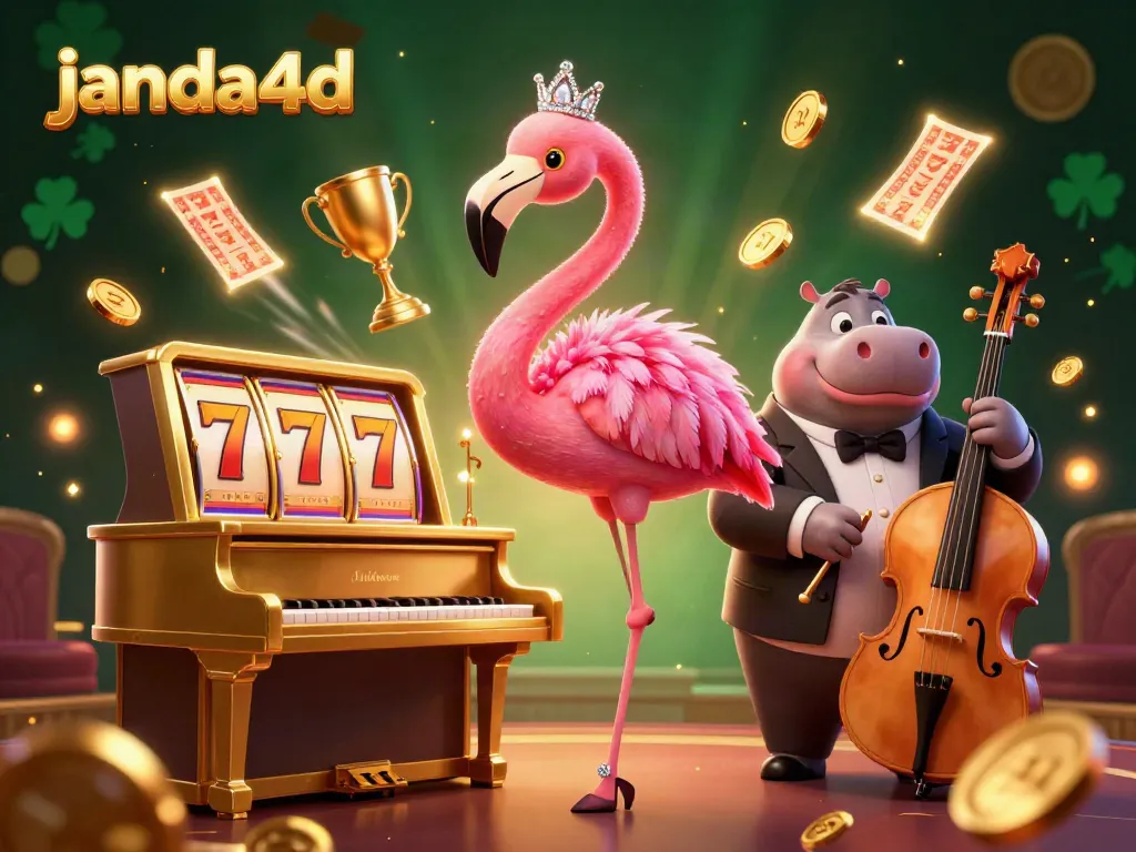 Menggoda permainan slot janda4d dengan sosok flamingo penyanyi dan hippo pemusik di panggung kasino.