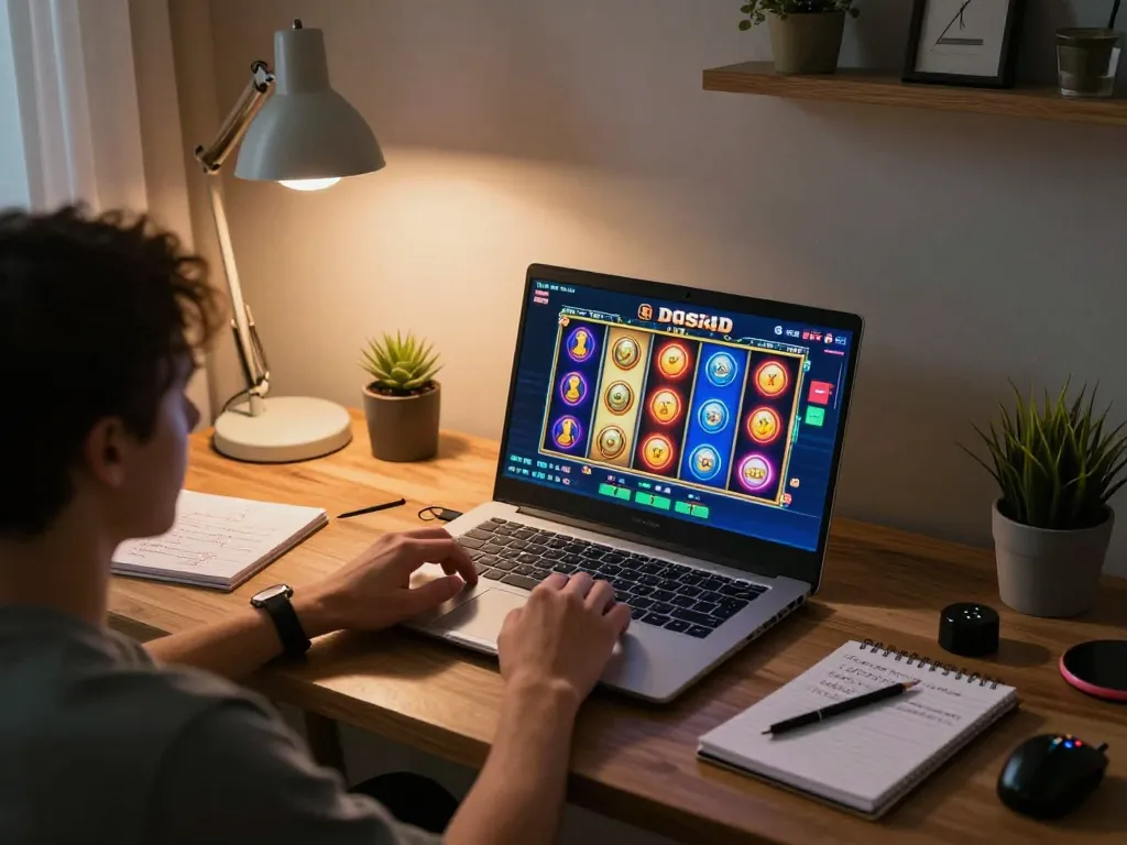 Berpartisipasi dalam permainan slot dasi4d di laptop dalam pengaturan rumah yang nyaman, menampilkan slot yang cerah dan suasana yang ramah