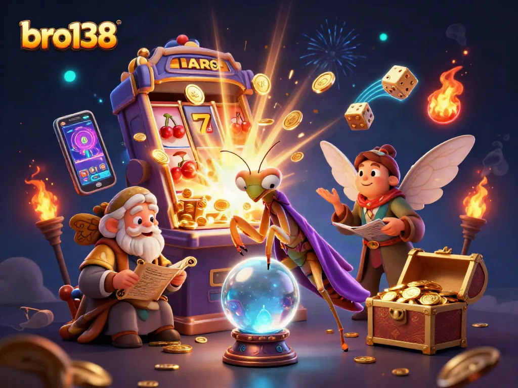 Spin the reels with bro138's vibrant scene featuring fortune tellers, jackpots, and colorful game elements.