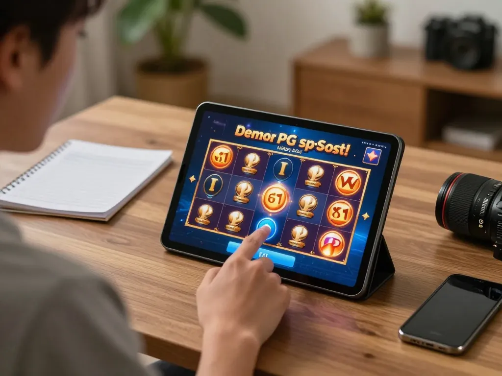 Rasakan keseruan dengan pengaturan permainan Demo Slot PG Soft Mirip Asli, menampilkan permainan yang cerah di tablet sambil merencanakan strategi.