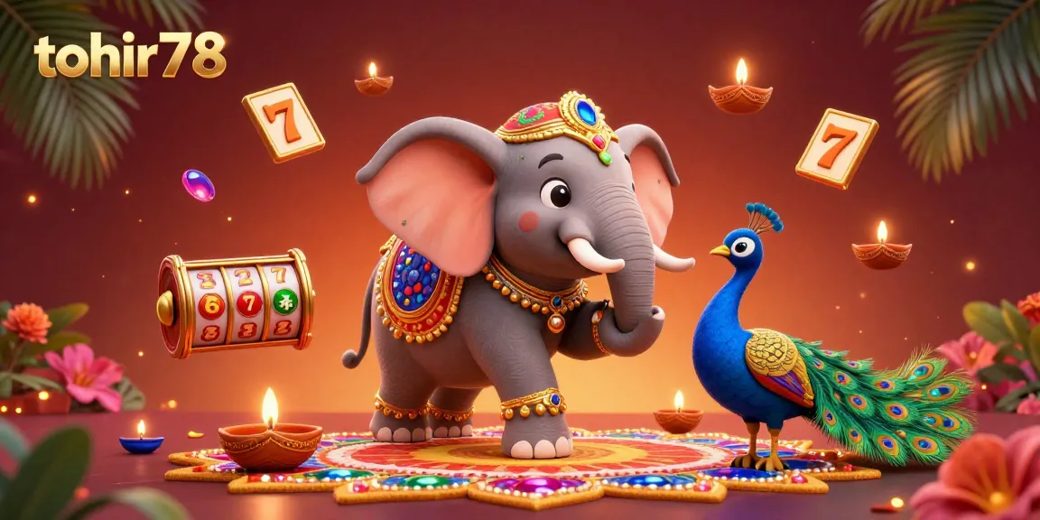 Permainan slot gacor di tohir78 dengan simbol jackpot dan 7 keberuntungan menyebar di sekitar gajah berwarna-warni.