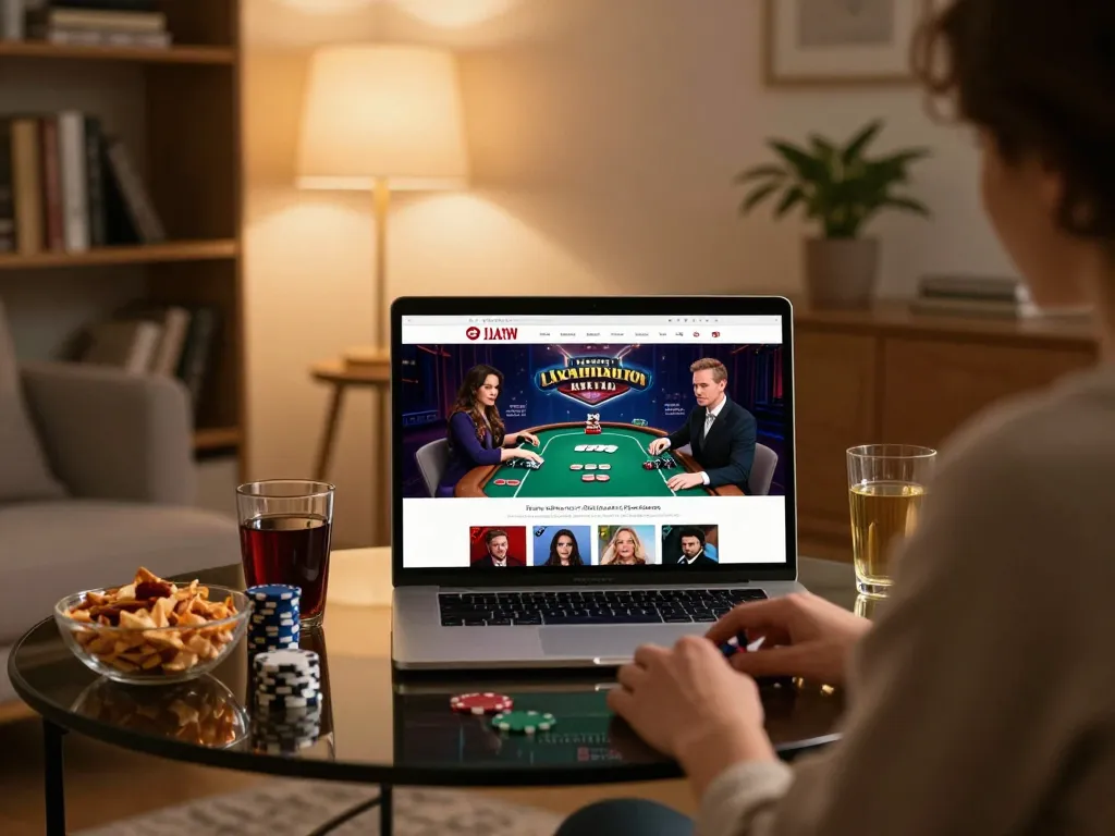 Player enjoying rik vip online casino game on laptop, snacks and drinks enhancing gaming experience.