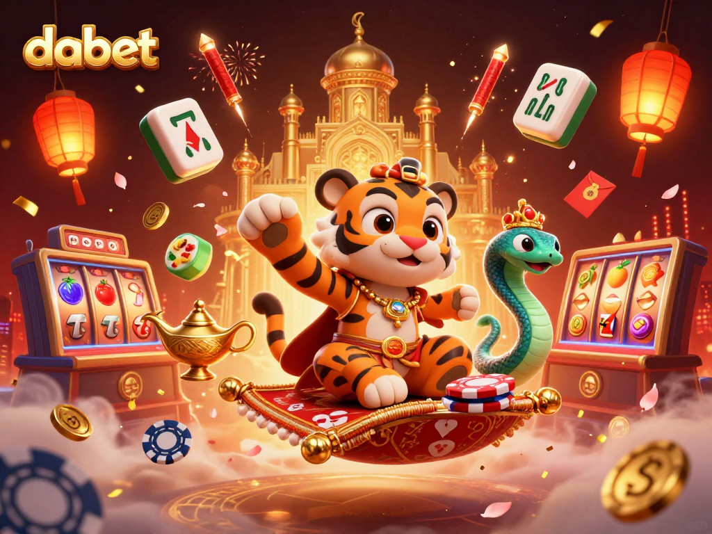 Spin the reels with dabet's vibrant 3D casino illustration showcasing slots and lucky symbols.