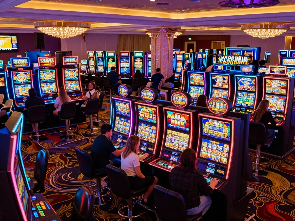 Players spinning slot machines in a lively casino setting, showcasing excitement and vibrant gaming
