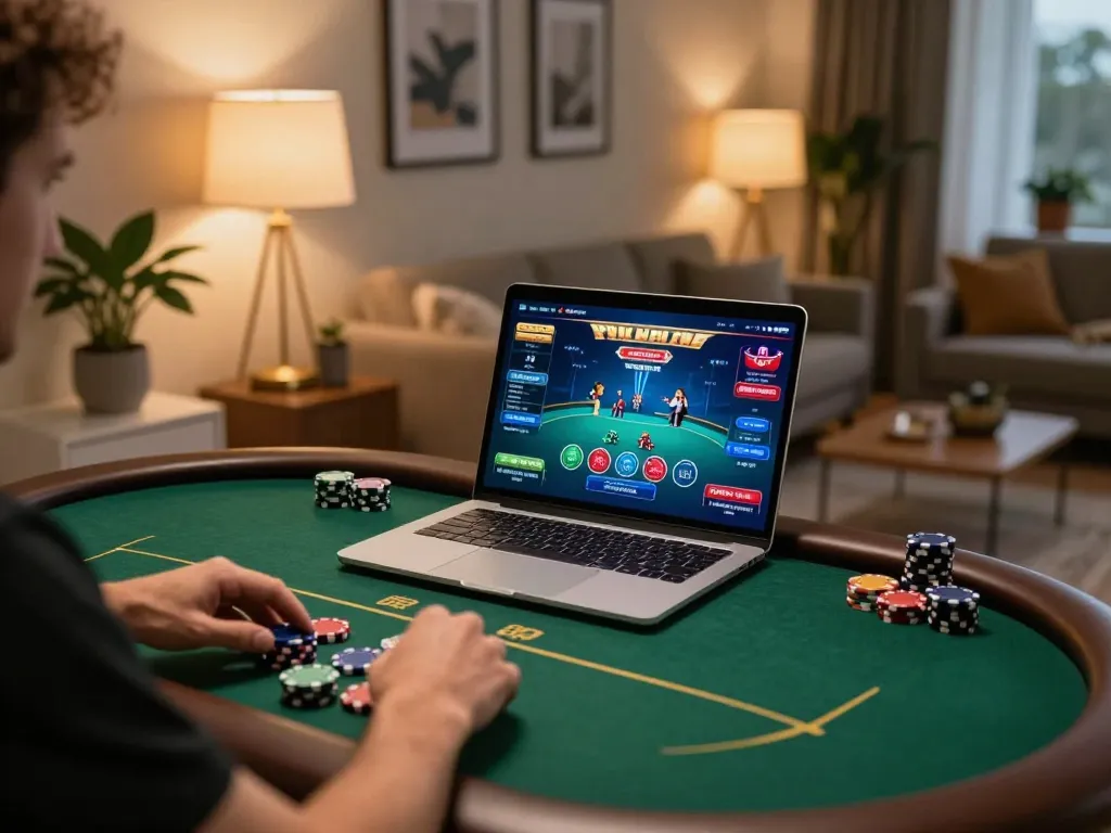 Engaged in an online poker game at home, okfun players strategically placing bets.