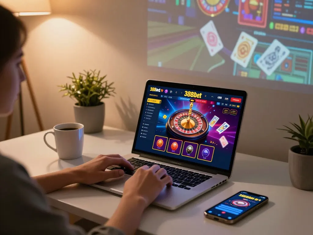 Engaging online gaming session on 388bet with a vibrant casino interface at home, showcasing dynamic gameplay.