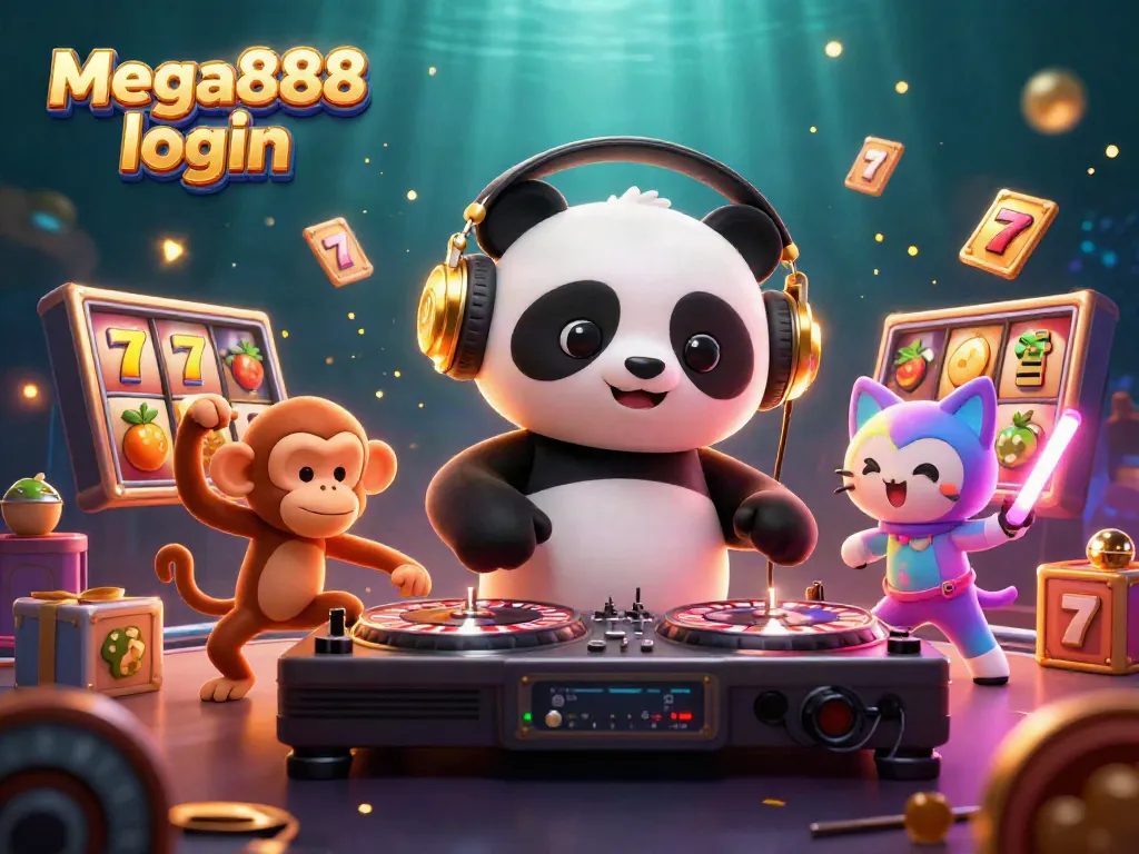 Experience seamless Mega888 login with vibrant characters in a casino-themed 3D illustration.
