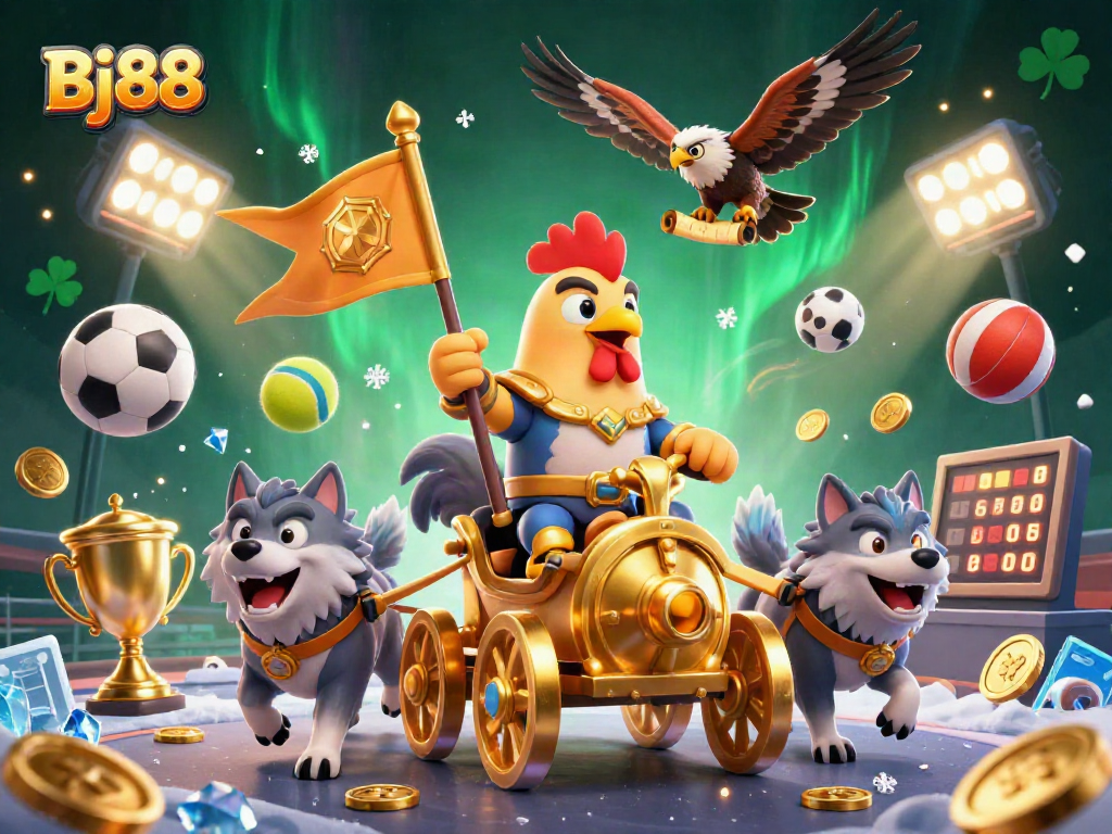 Bj88 features a cartoon rooster warlord in a golden chariot amidst dynamic sports betting action.