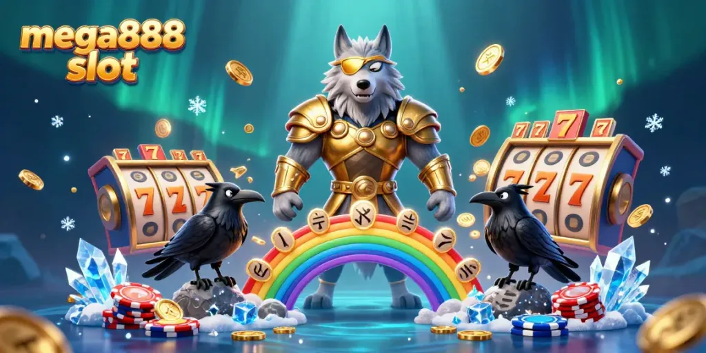 Experience thrilling mega888 slot action with Norse mythology characters amidst vibrant casino elements.